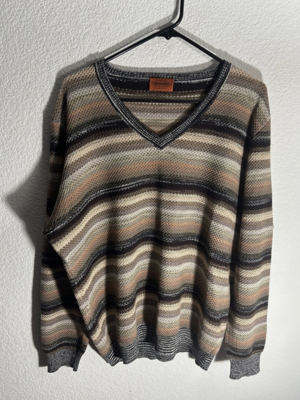 VTG Missoni Abstract Multicolor V Neck Knitted Sweater Men 54 Wool Cashmere Silk